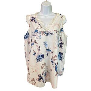Womens Blouse L Blue Pink Floral Lace V Neck Sleeveless Fairycore Cottagecore